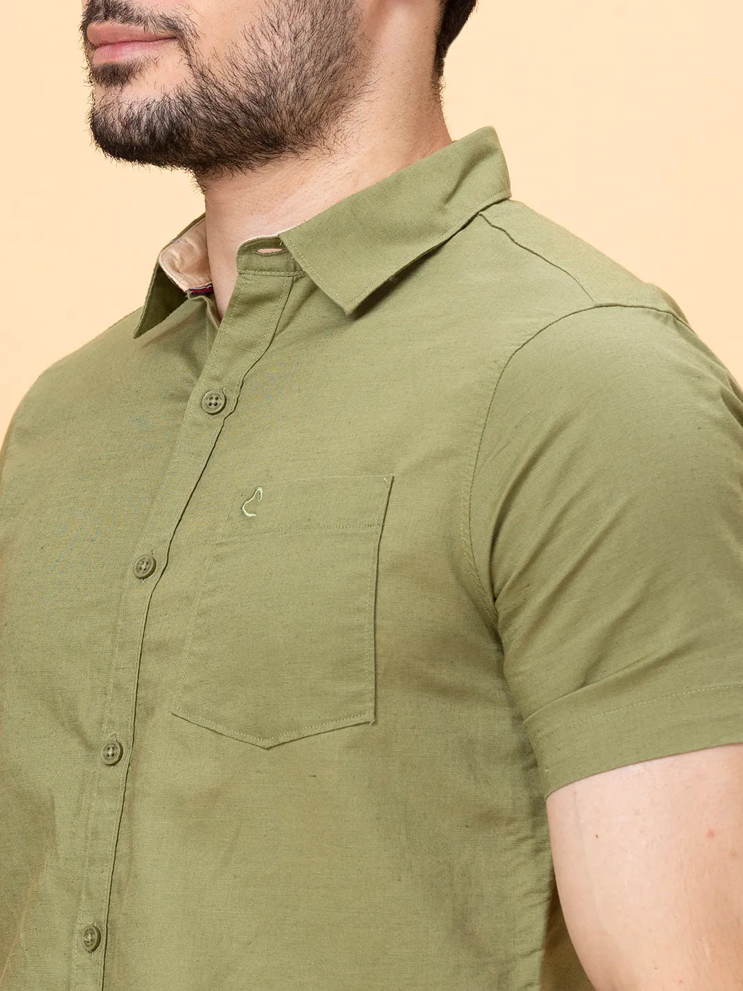Olive Slim Straight Fit Regular Collar Short Sleeves Men's Shirt by Being Human Clothing