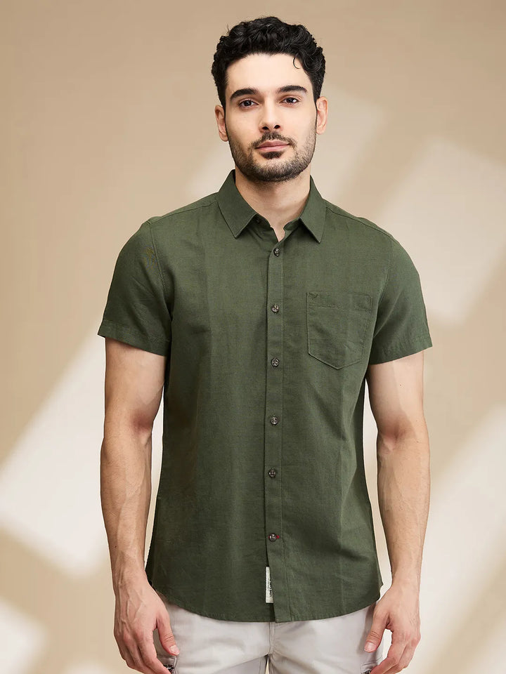 Olive Slim Fit Regular Collar Men's Shirt by Being Human Clothing