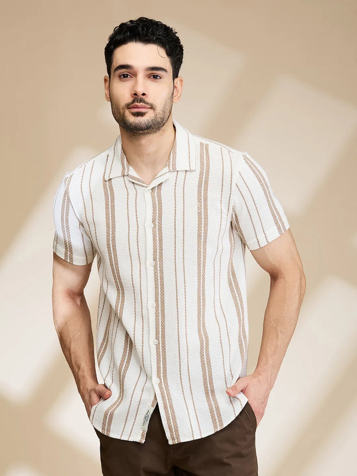 Beige Slim Fit Regular Collar Men's Shirt by Being Human Clothing