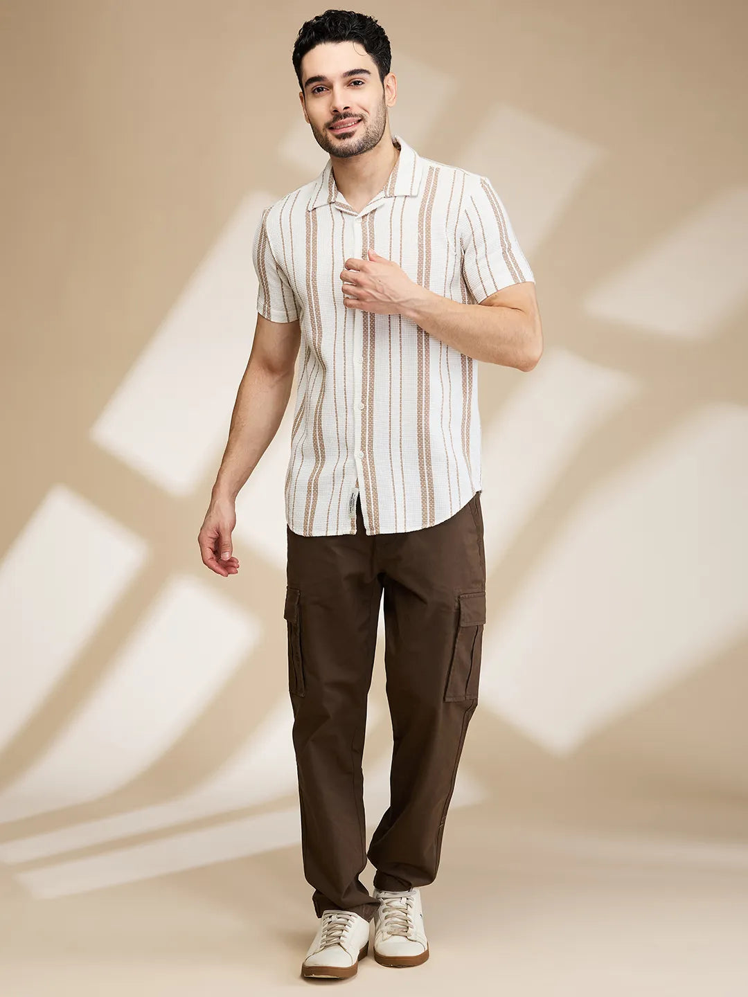 Beige Slim Fit Regular Collar Men's Shirt by Being Human Clothing