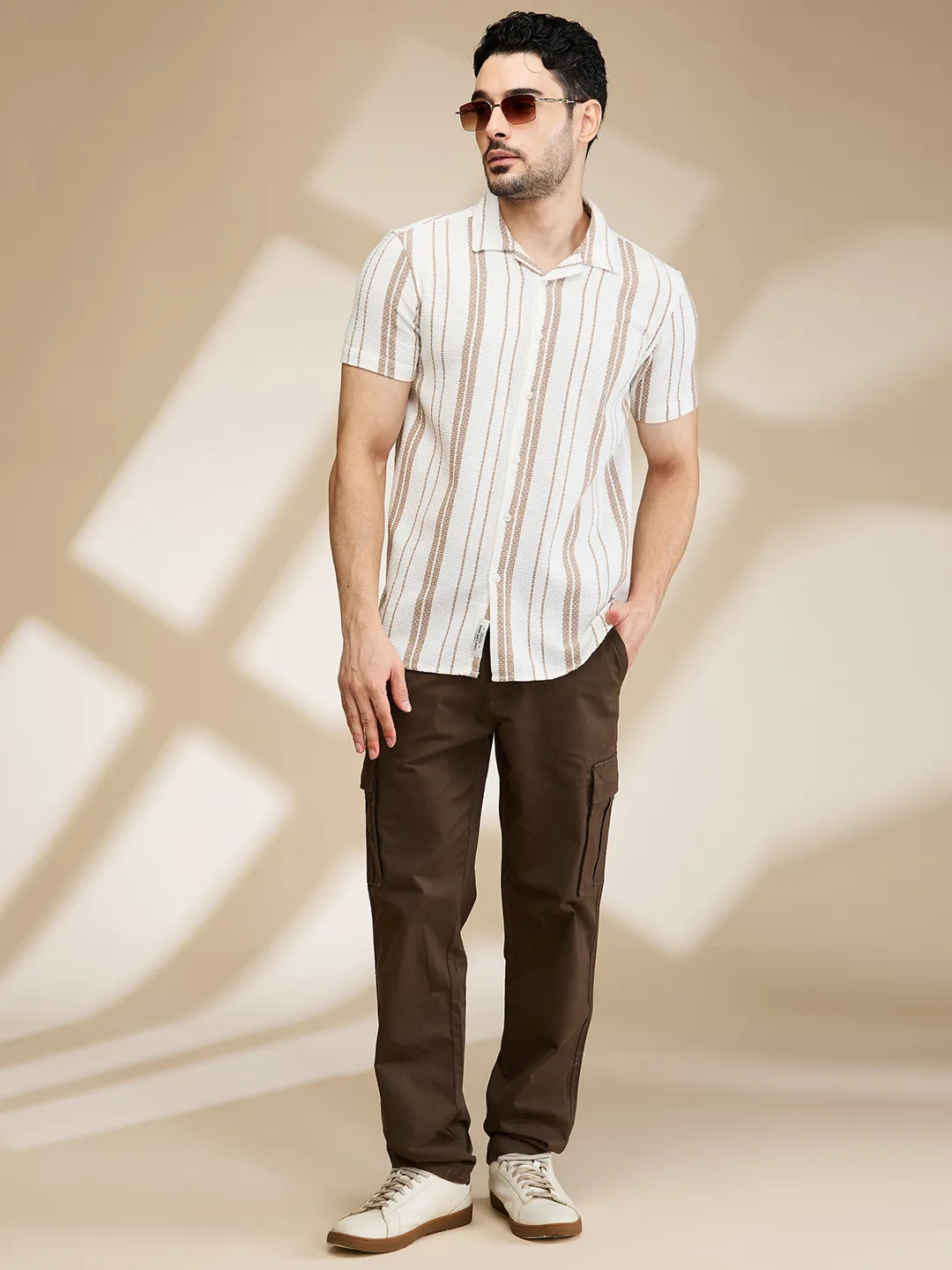 Beige Slim Fit Regular Collar Men's Shirt by Being Human Clothing