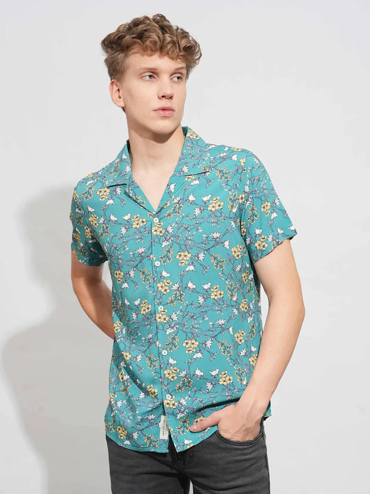 Green Slim Fit Resort Collar Men's Shirt by Being Human Clothing