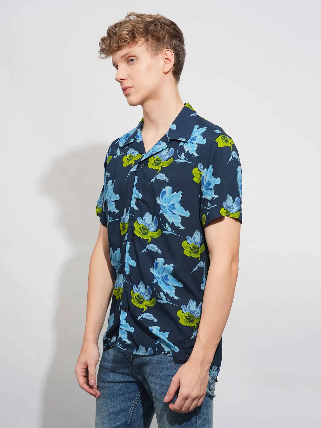 Blue Slim Fit Resort Collar Men's Shirt by Being Human Clothing