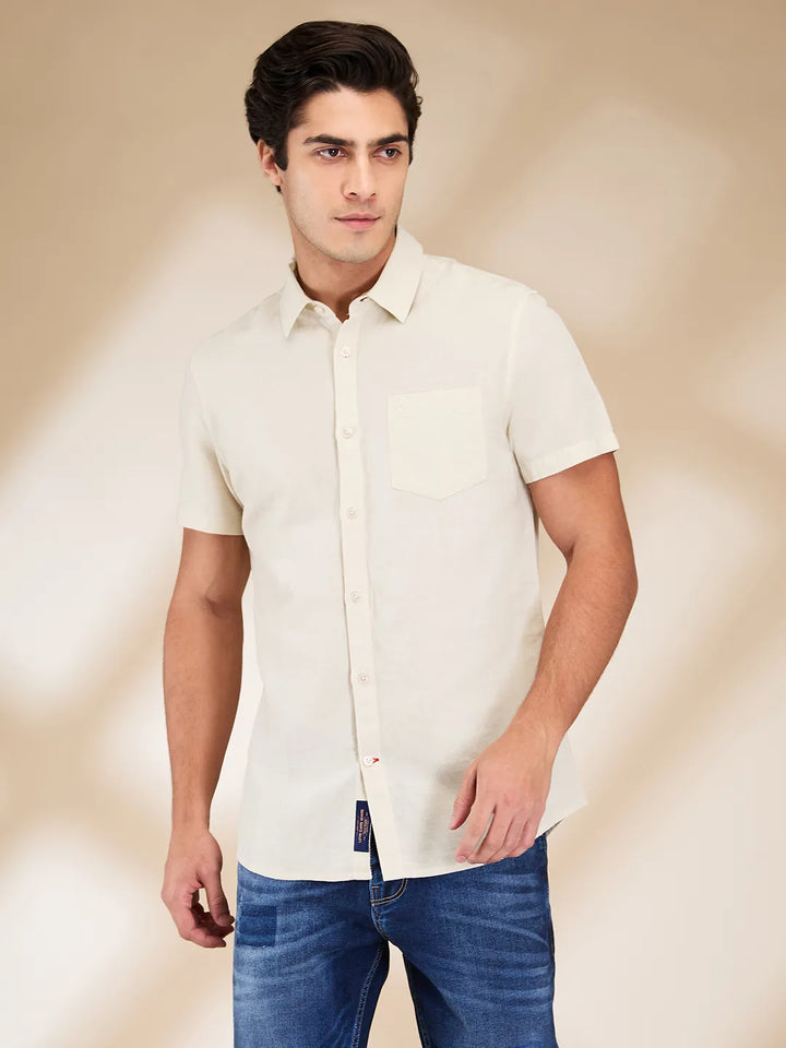 Beige Slim Fit Regular Collar Men's Shirt by Being Human Clothing