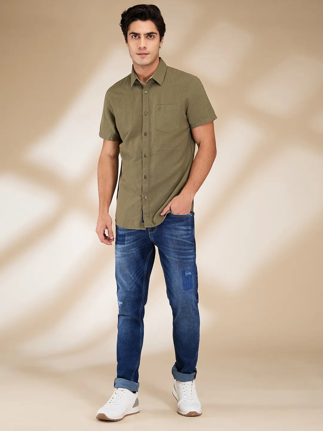 Olive Slim Fit Regular Collar Men's Shirt by Being Human Clothing