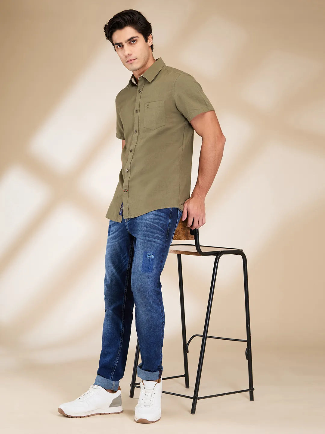 Olive Slim Fit Regular Collar Men's Shirt by Being Human Clothing