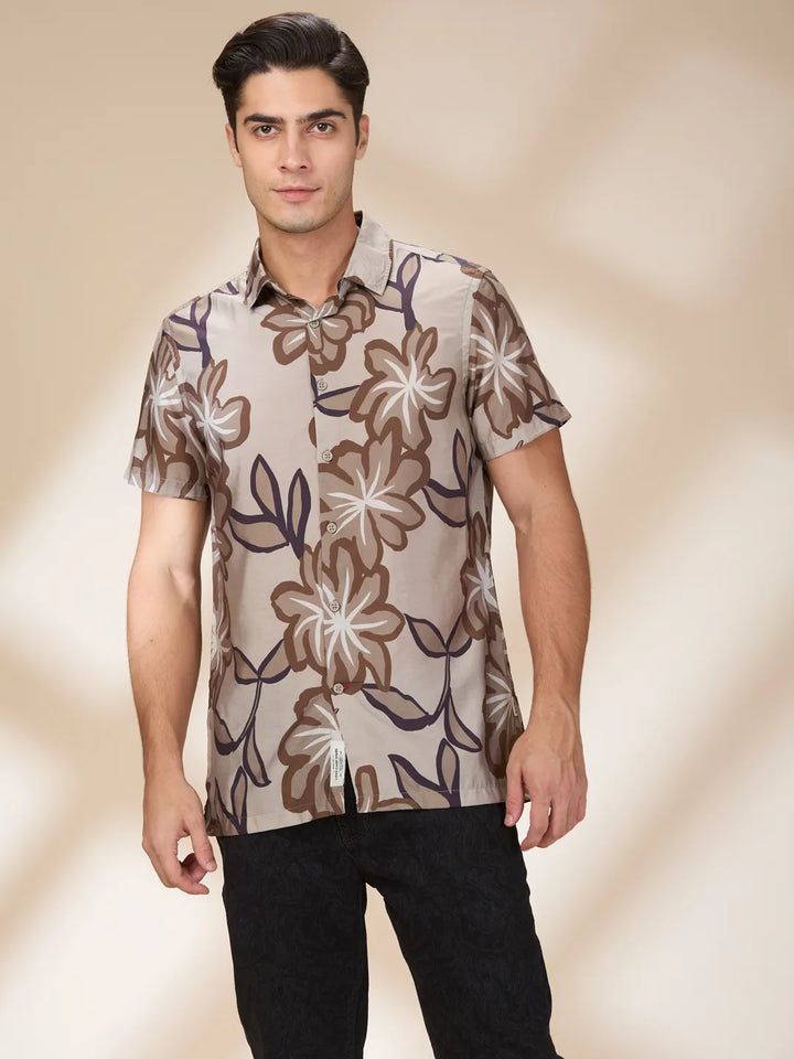Beige Regular Fit Regular Collar Men's Shirt by Being Human Clothing