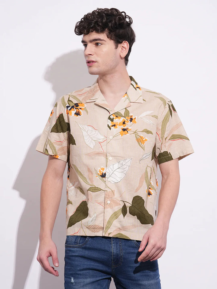 Beige Moderno Fit Regular Collar Short Sleeves Men's Shirt