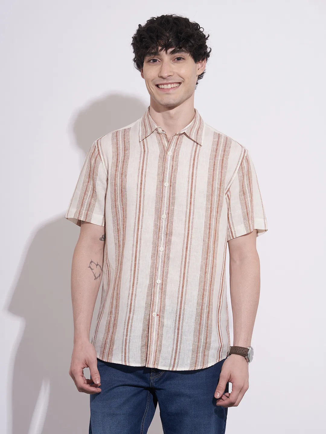 Men's Light Brown Striped Spread Collar Shirt by Being Human Clothing