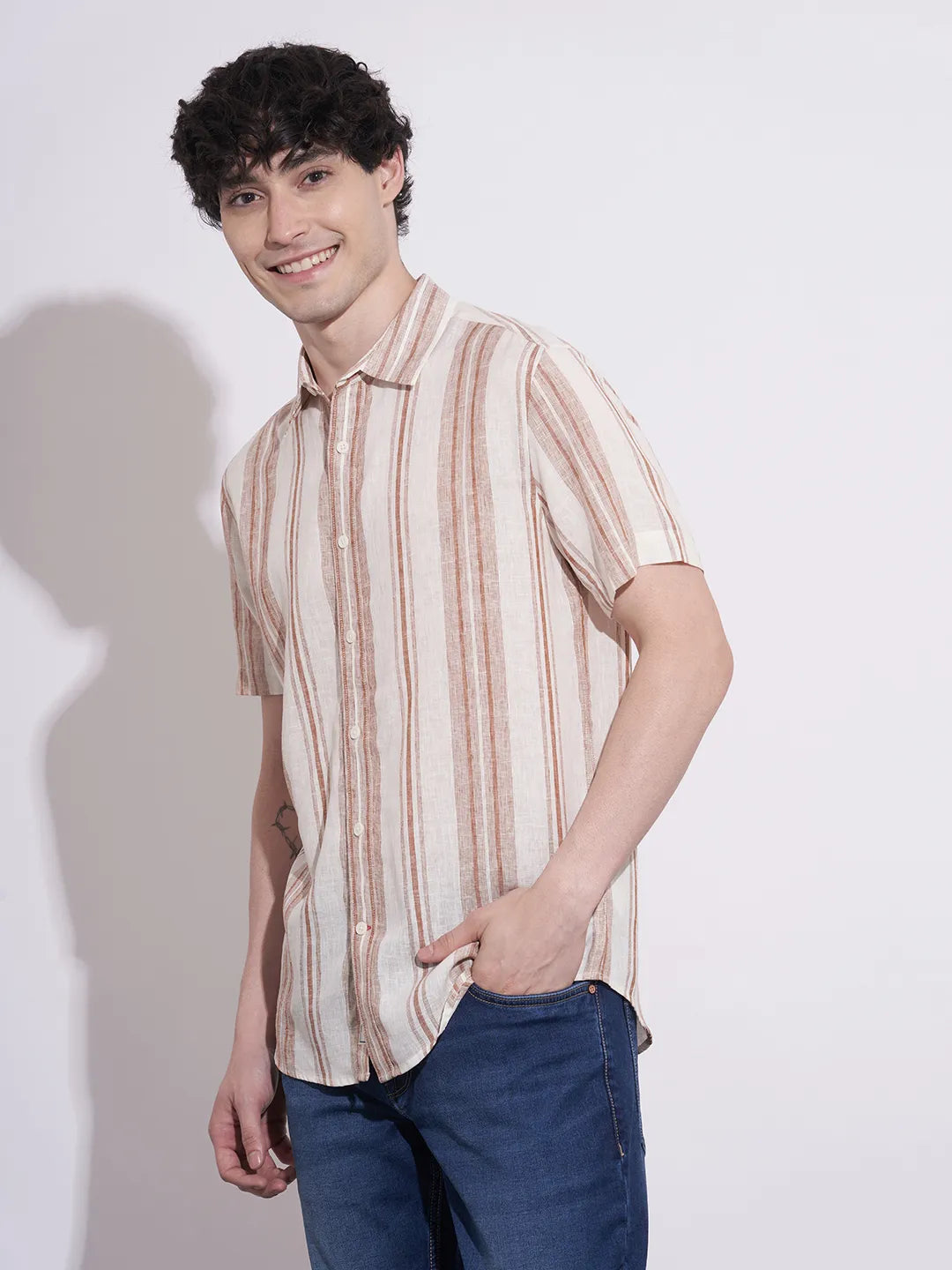 Men's Light Brown Striped Spread Collar Shirt by Being Human Clothing