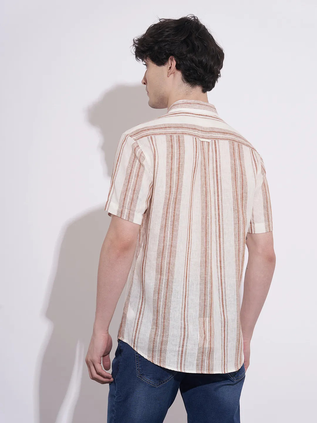Men's Light Brown Striped Spread Collar Shirt by Being Human Clothing