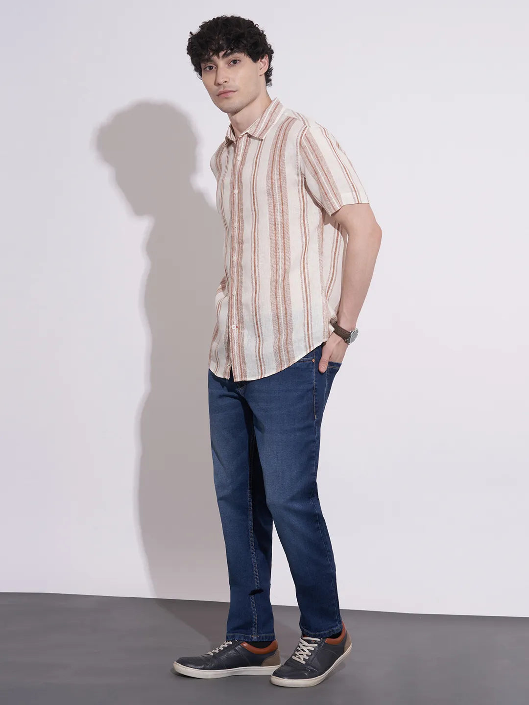 Men's Light Brown Striped Spread Collar Shirt by Being Human Clothing