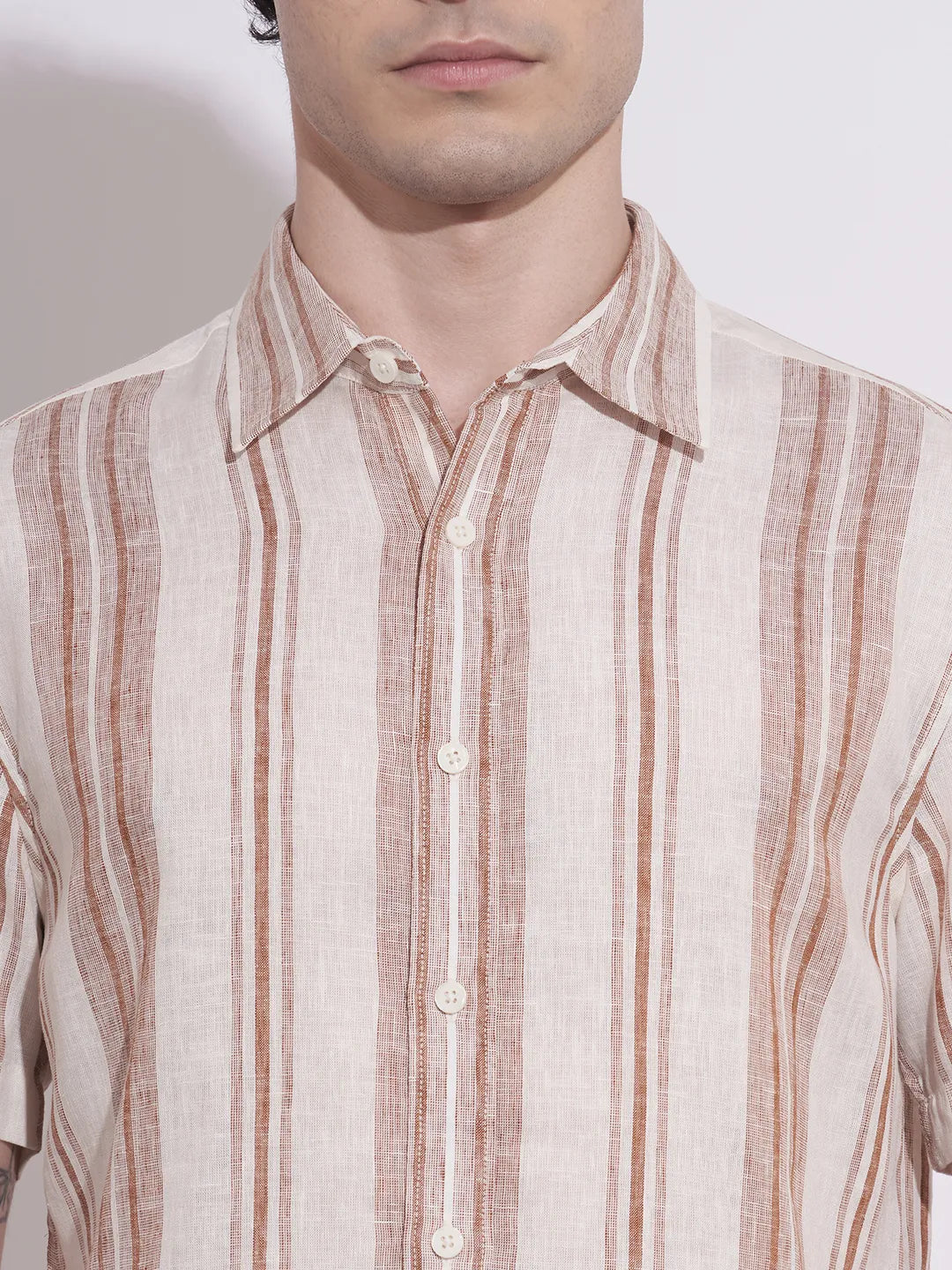 Men's Light Brown Striped Spread Collar Shirt by Being Human Clothing