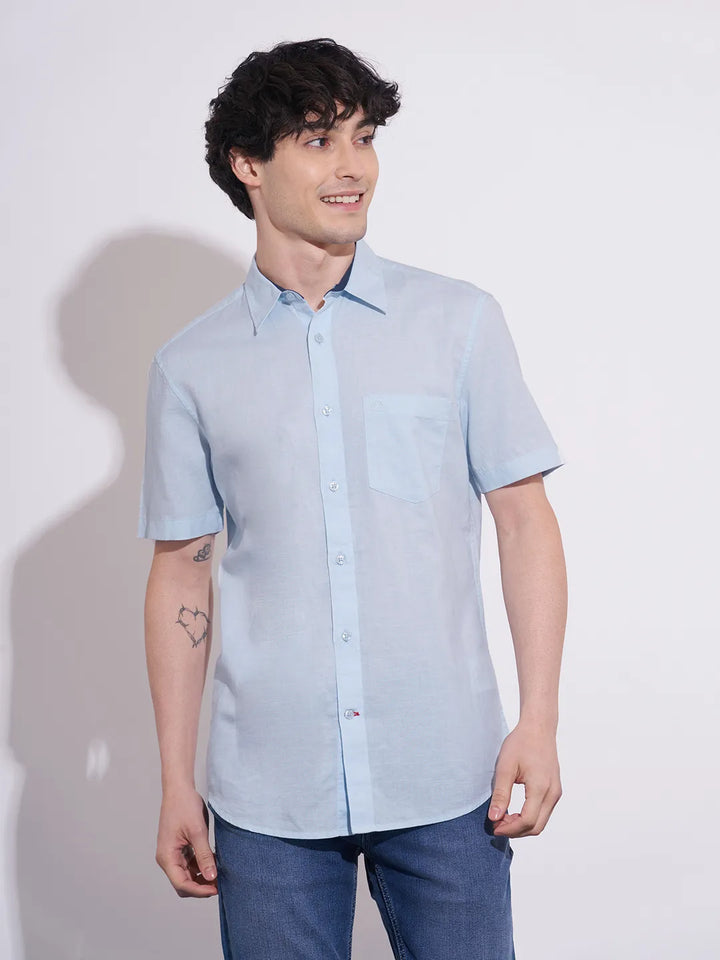 Blue Moderno Fit Regular Collar Short Sleeves Cotton Blend Men's Shirt by Being Human Clothing
