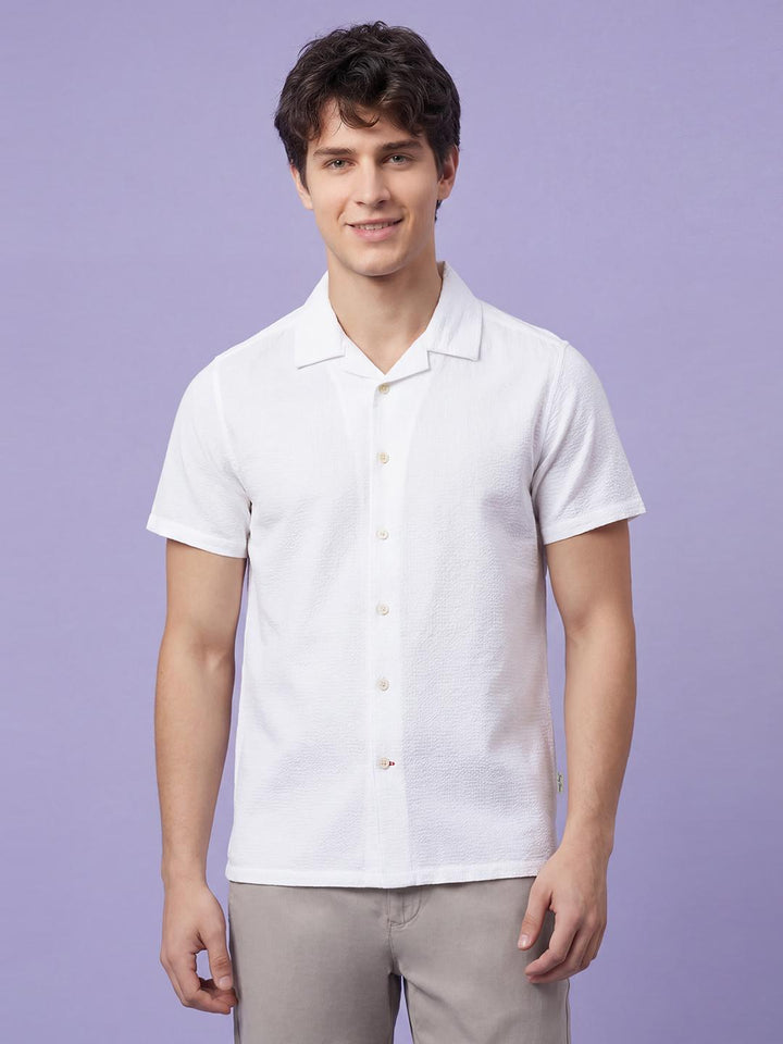 White Moderno Fit Half Sleeve Lapel Collar Men's Shirt