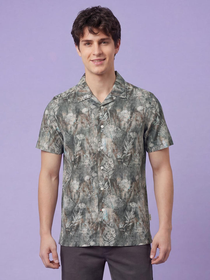 Grey Floral Half Sleeve Lapel Collar Men's Shirt