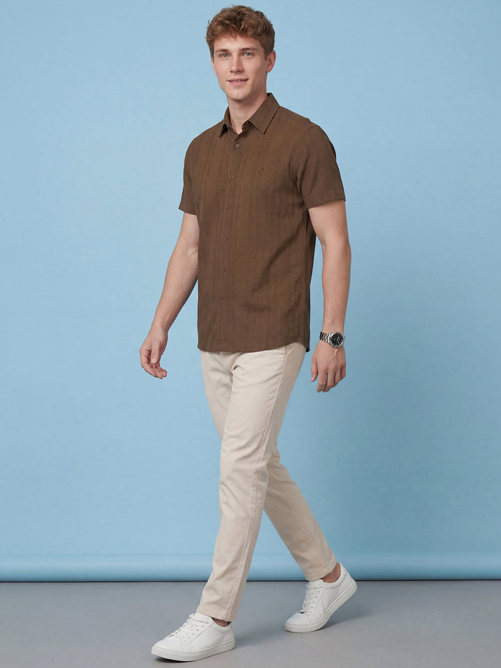 Brown Solid Moderno Fit Short Sleeve Collar Pure Cotton Men's Shirt by Being Human Clothing