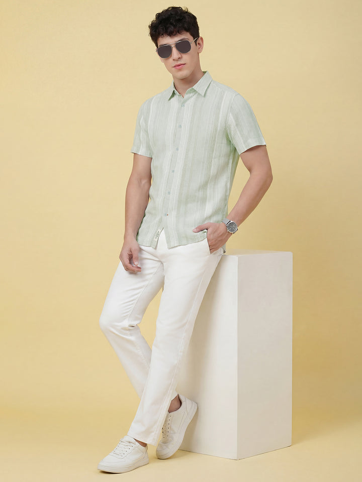 Green Striped Moderno Fit Short Sleeve Collar Pure Cotton Men's Shirt by Being Human Clothing