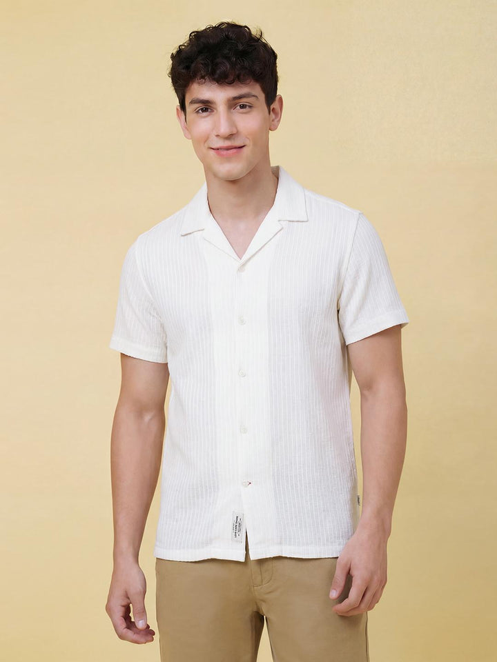 White Moderno Fit Half Sleeve Lapel Collar Men's Shirt