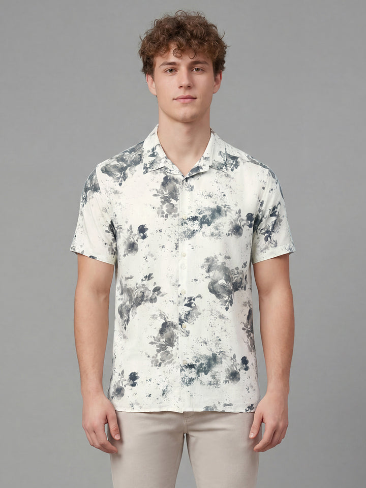 Grey Floral Print Short Sleeve Spread Collar Men's Shirt by Being Human Clothing