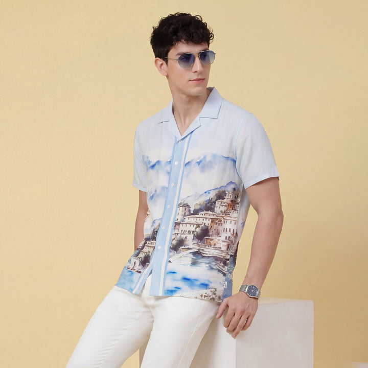 Blue Landscape Print Moderno Fit Men's Shirt By Being Human Clothing