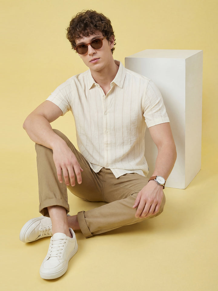 Off White Striped Moderno Fit Short Sleeve Collar Pure Cotton Men's Shirt by Being Human Clothing