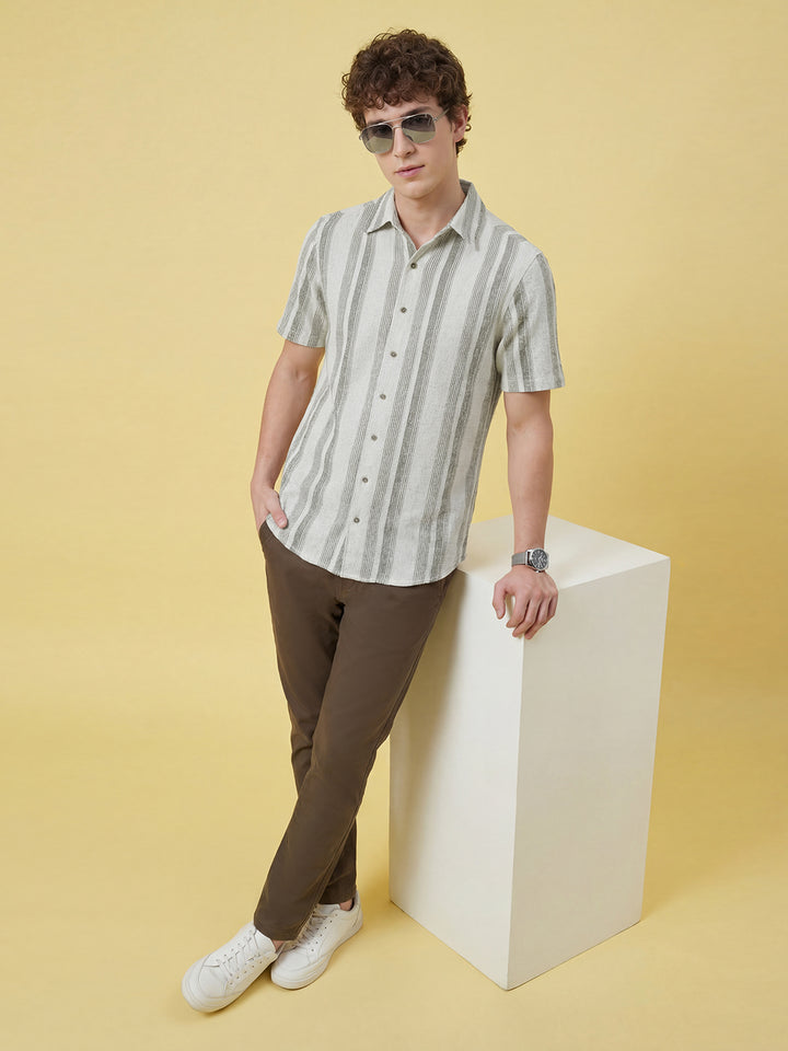 Olive Striped Moderno Fit Short Sleeve Collar Men's Shirt by Being Human Clothing
