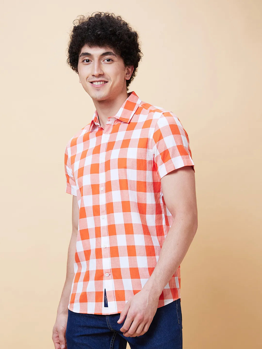 Orange Slim Straight Fit Regular Collar Short Sleeves Men's Shirt by Being Human Clothing
