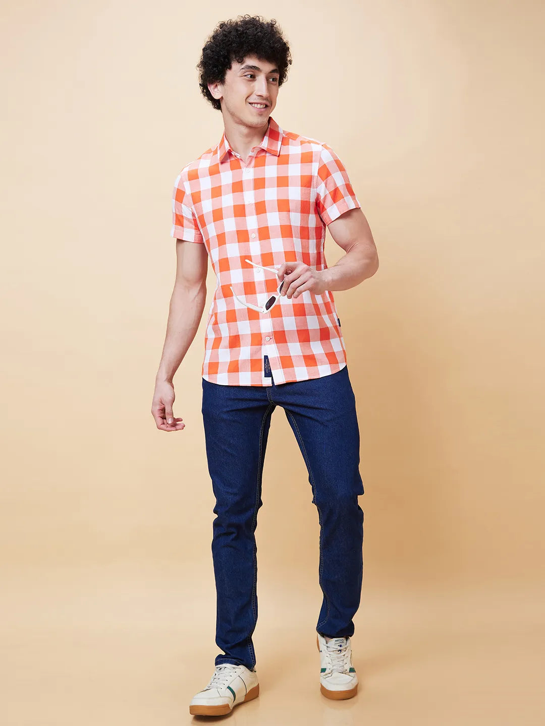Orange Slim Straight Fit Regular Collar Short Sleeves Men's Shirt by Being Human Clothing