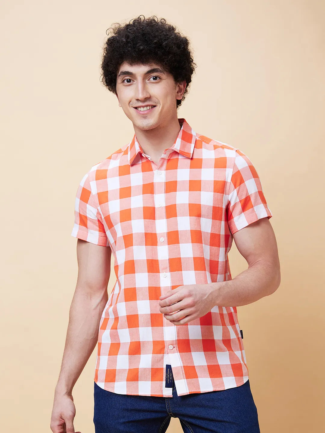 Orange Slim Straight Fit Regular Collar Short Sleeves Men's Shirt by Being Human Clothing