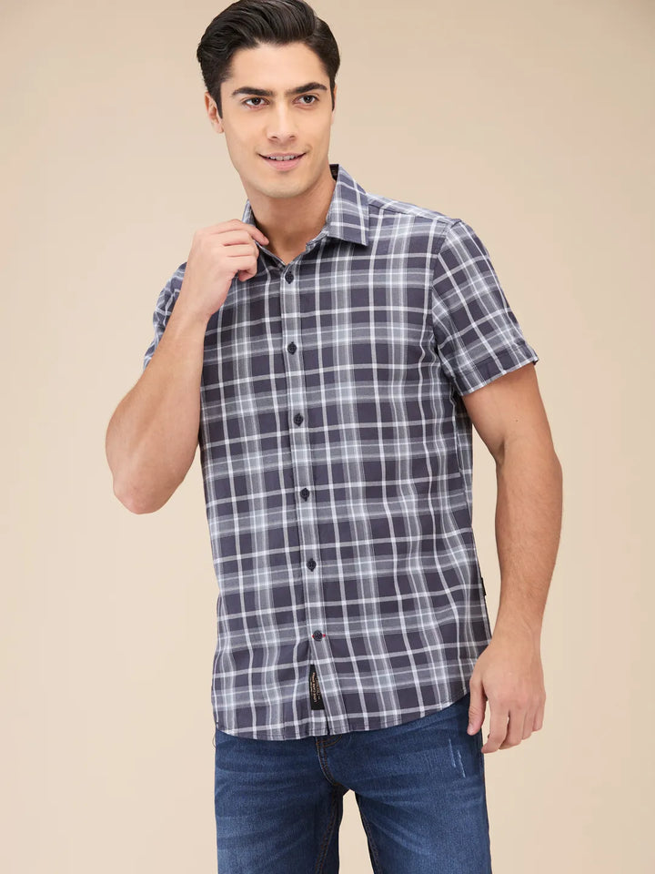 Grey Slim Straight Fit Regular Collar Short Sleeves Men's Shirt by Being Human Clothing