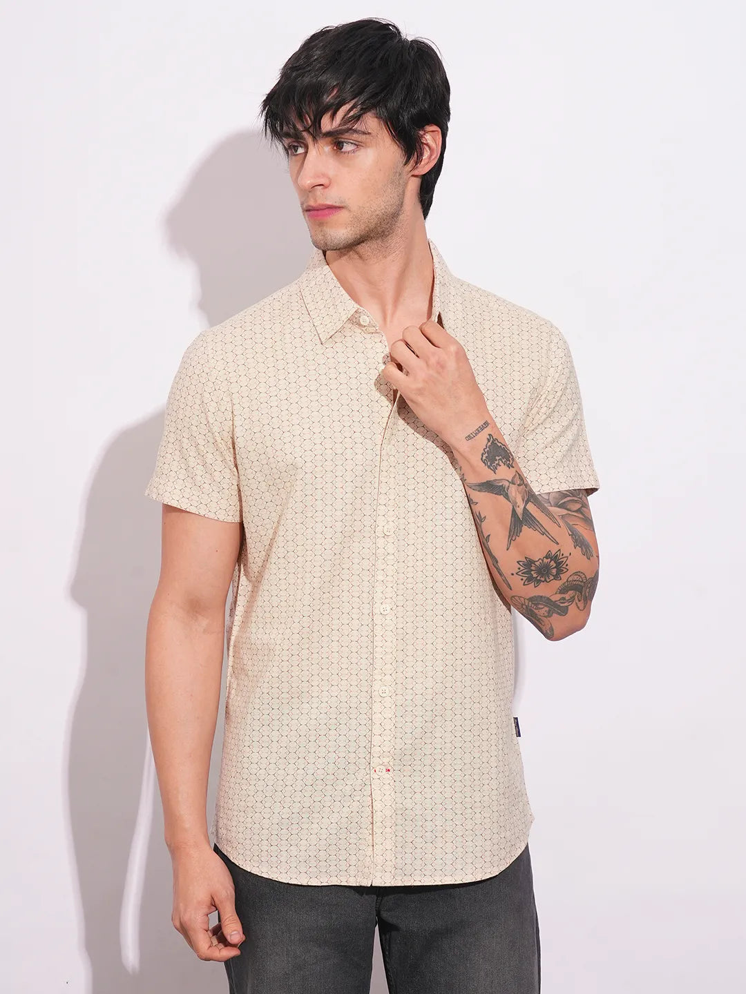 Khaki Slim Straight Fit Regular Collar Short Sleeves Men's Shirt by Being Human Clothing