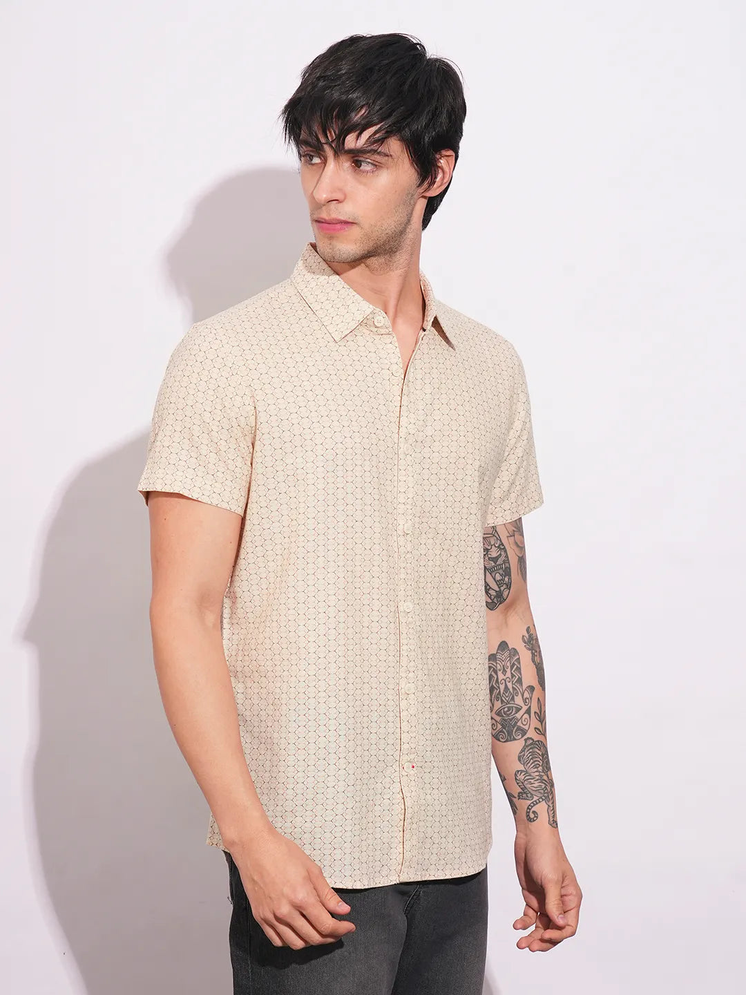 Khaki Slim Straight Fit Regular Collar Short Sleeves Men's Shirt by Being Human Clothing