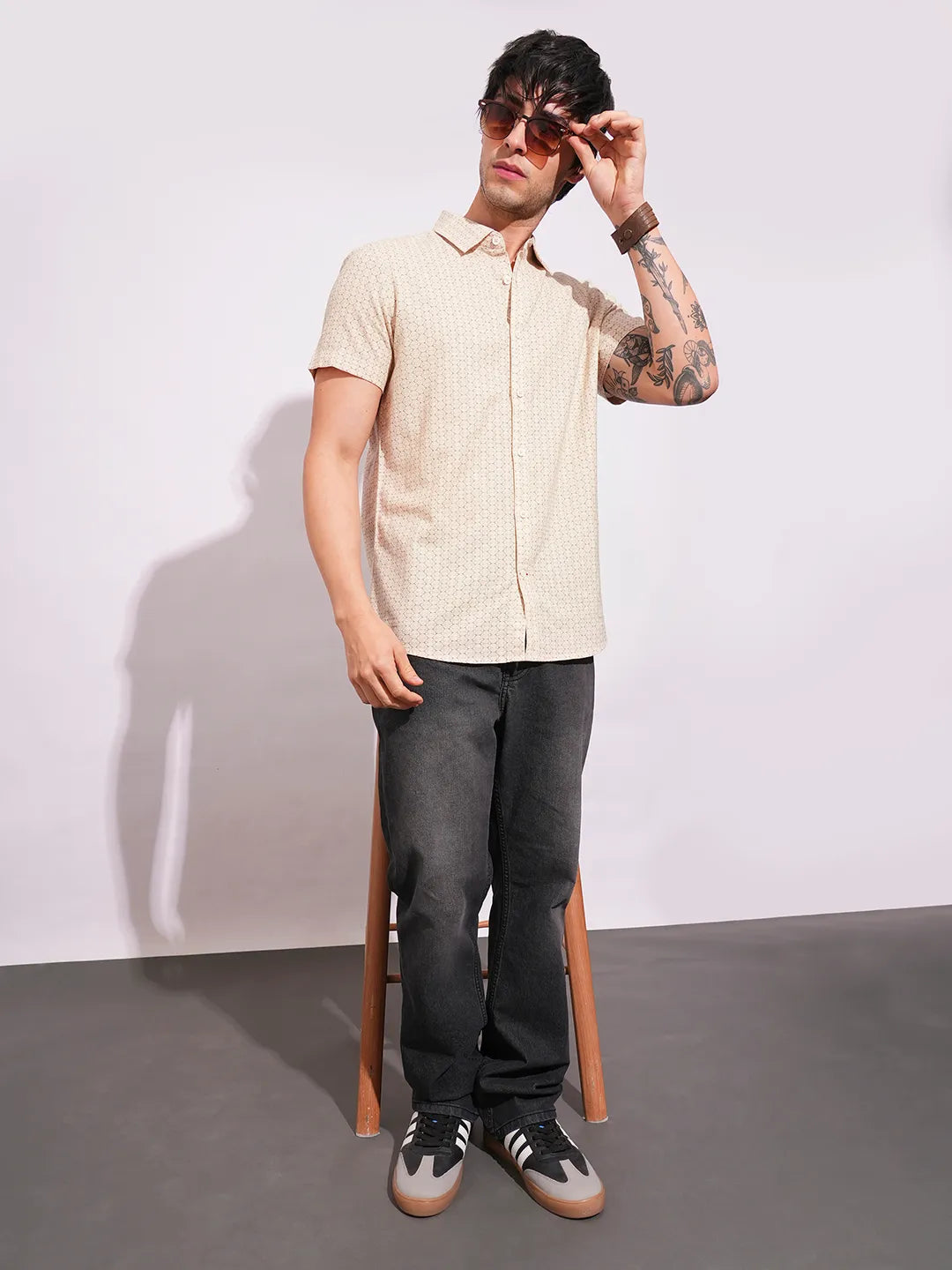 Khaki Slim Straight Fit Regular Collar Short Sleeves Men's Shirt by Being Human Clothing