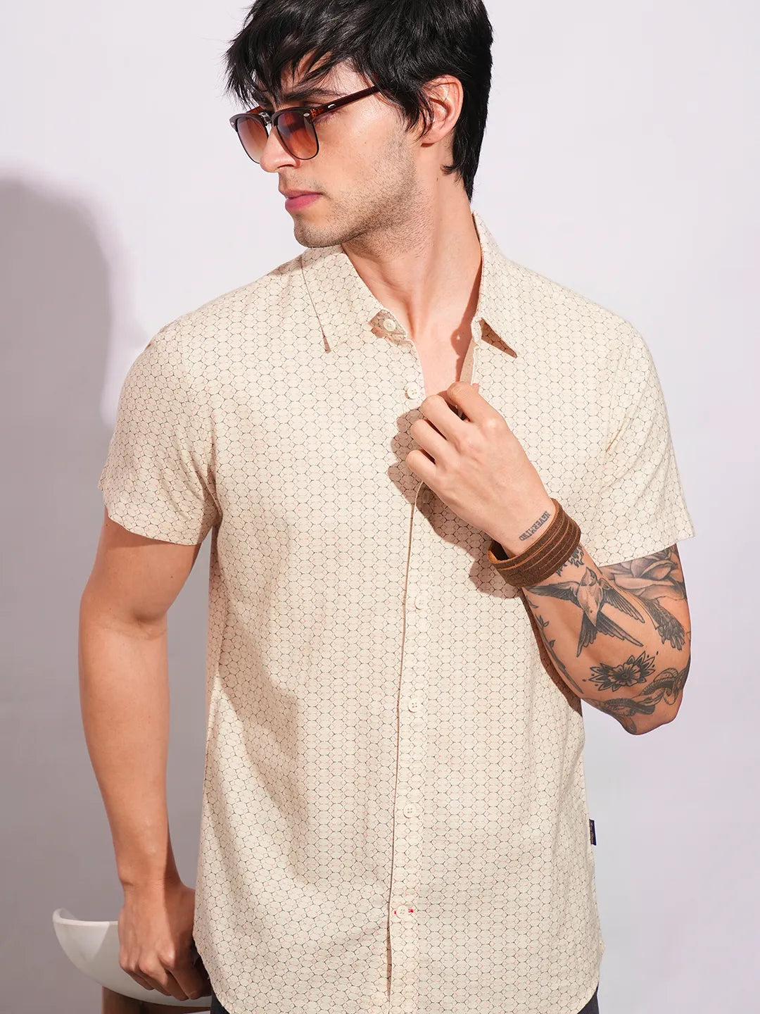 Khaki Slim Straight Fit Regular Collar Short Sleeves Men's Shirt by Being Human Clothing