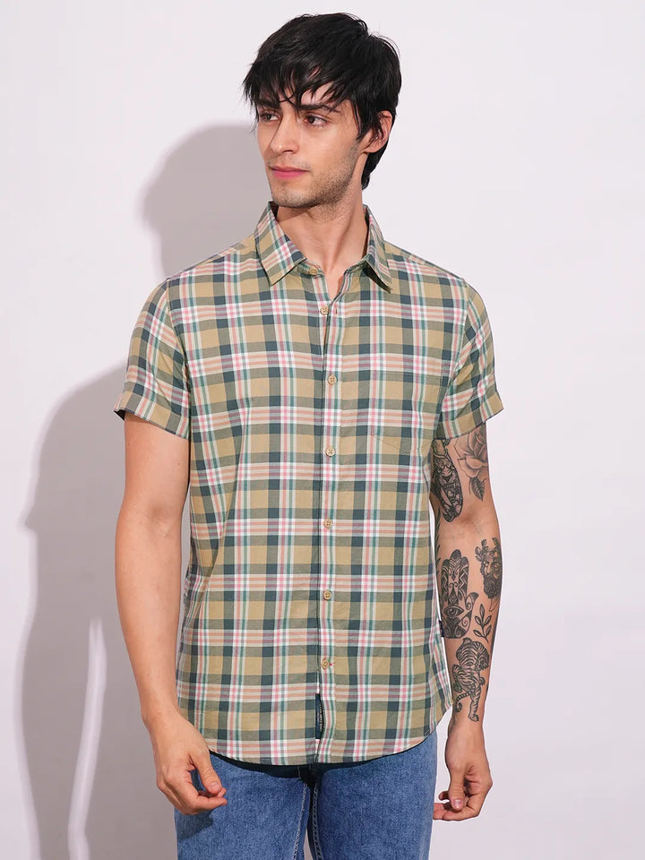 Khaki Slim Fit Regular Collar Men's Shirt by Being Human Clothing