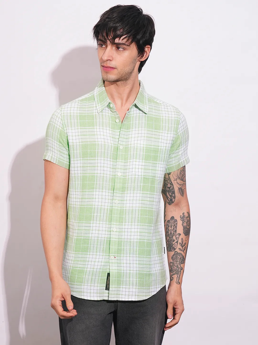 Green Slim Straight Fit Regular Collar Short Sleeves Men's Shirt by Being Human Clothing