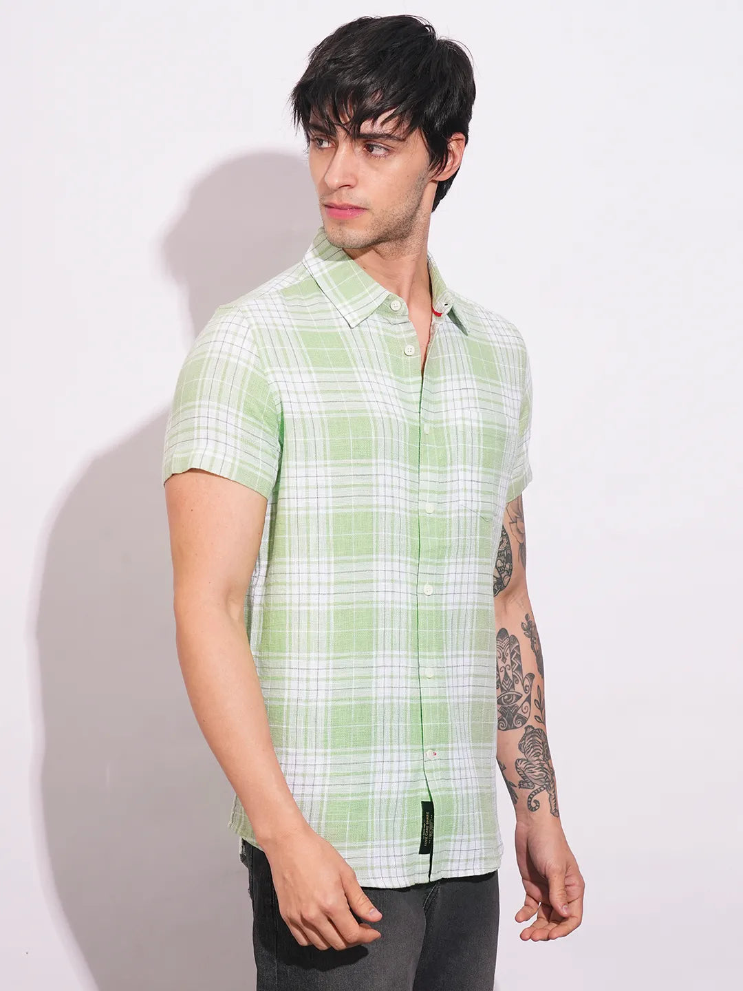 Green Slim Straight Fit Regular Collar Short Sleeves Men's Shirt by Being Human Clothing
