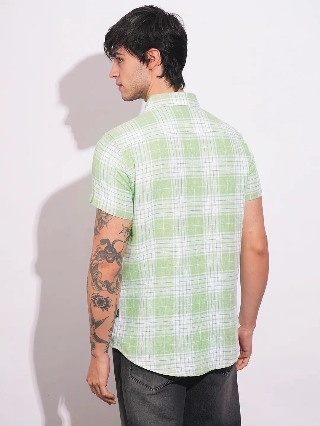 Green Slim Straight Fit Regular Collar Short Sleeves Men's Shirt by Being Human Clothing