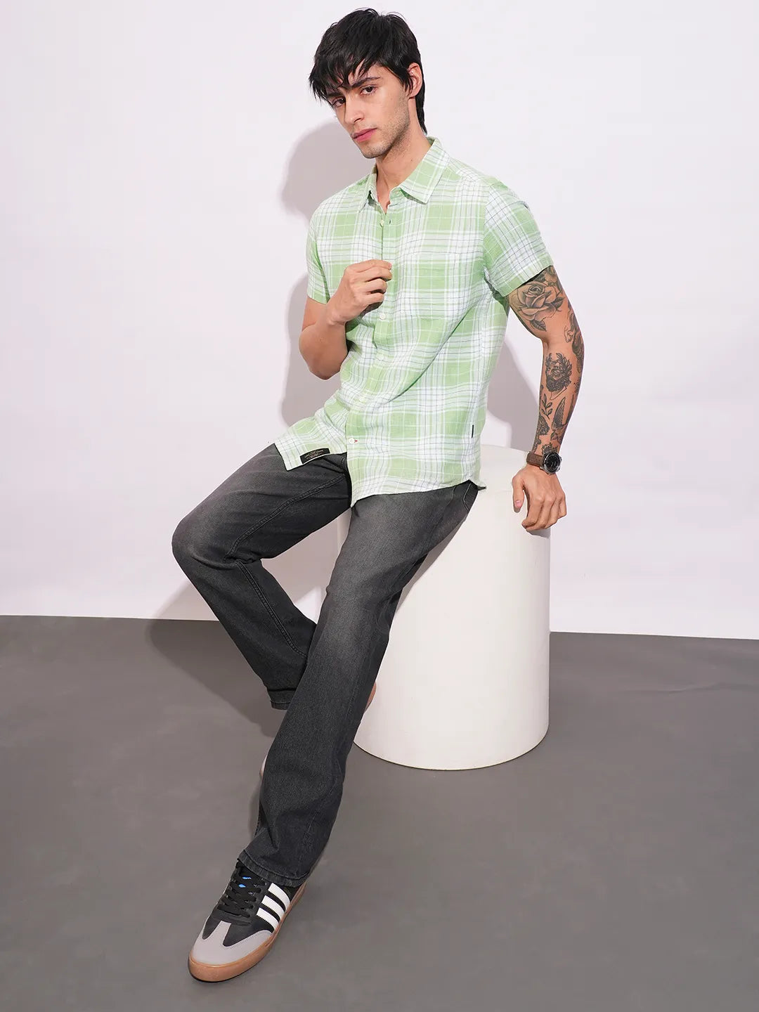 Green Slim Straight Fit Regular Collar Short Sleeves Men's Shirt by Being Human Clothing