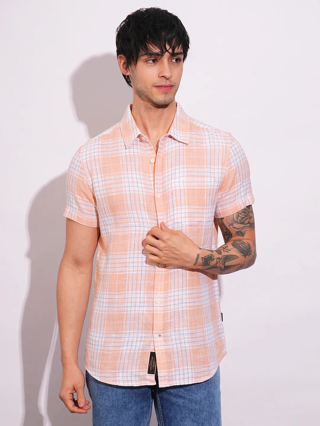 Orange Slim Straight Fit Regular Collar Short Sleeves Men's Shirt by Being Human Clothing