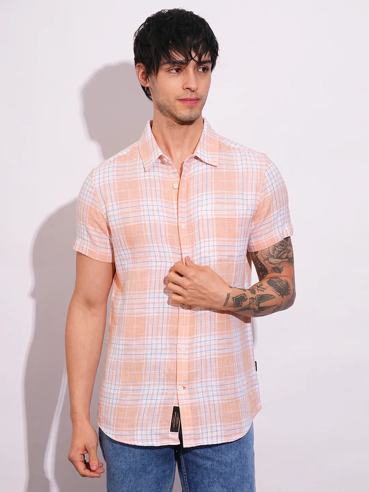Orange Slim Straight Fit Regular Collar Short Sleeves Men's Shirt by Being Human Clothing