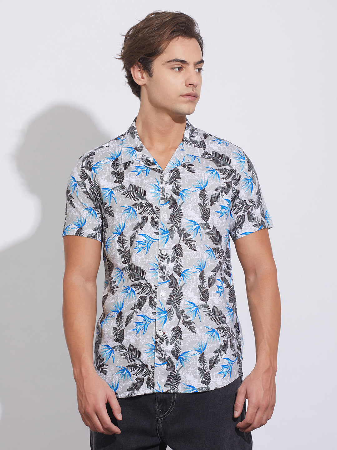 Grey Slim Straight Fit Regular Collar Short Sleeves Men's Shirt by Being Human Clothing