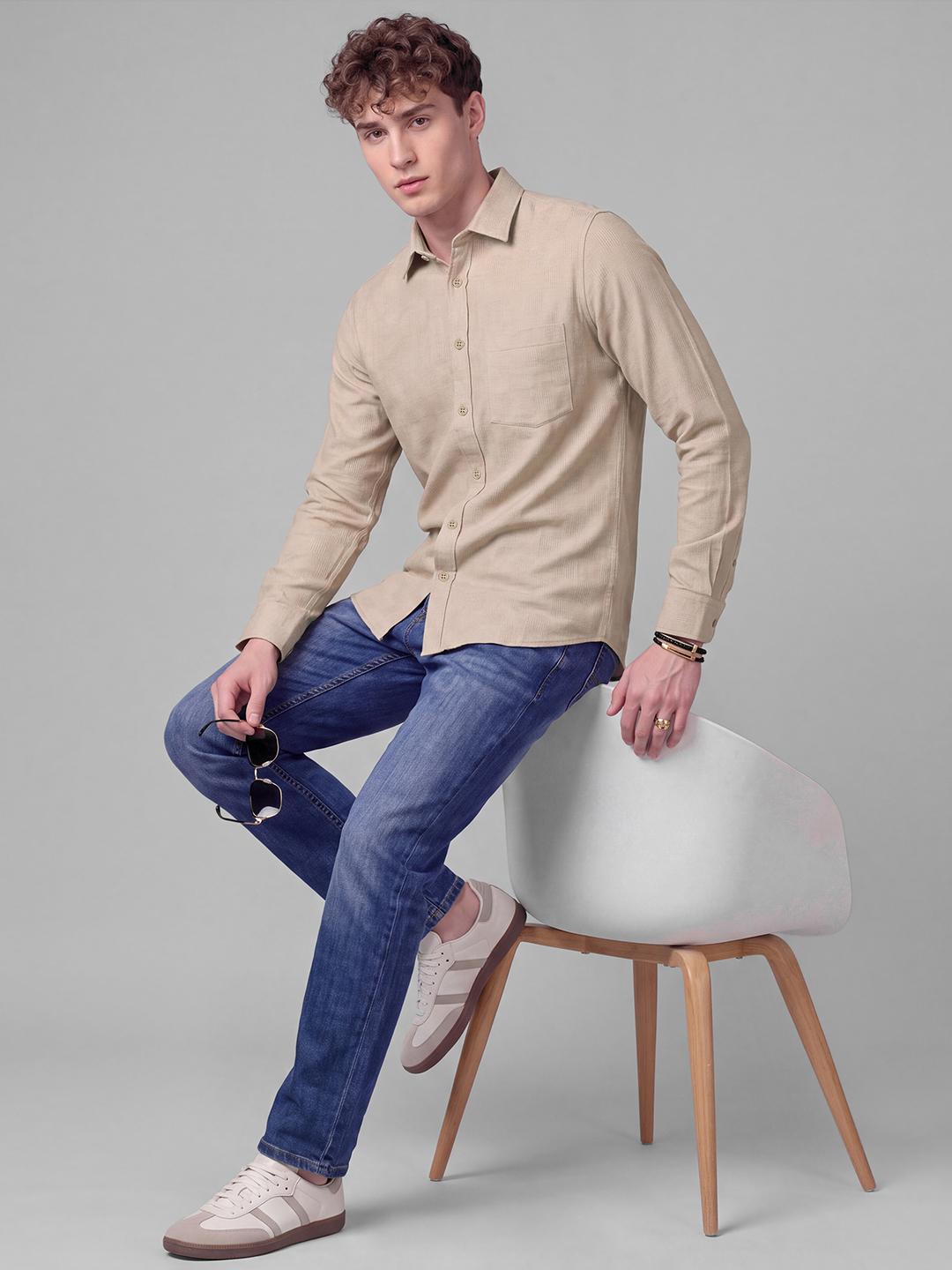 Beige Regular Fit Textured Long Sleeve Spread Collar Shirt By Being Human Clothing