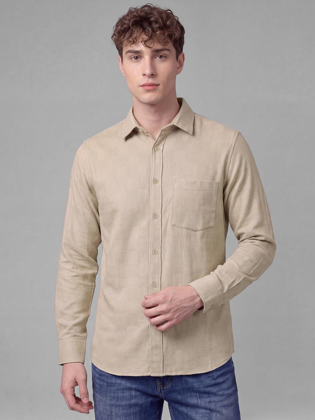 Beige Regular Fit Textured Long Sleeve Spread Collar Shirt By Being Human Clothing