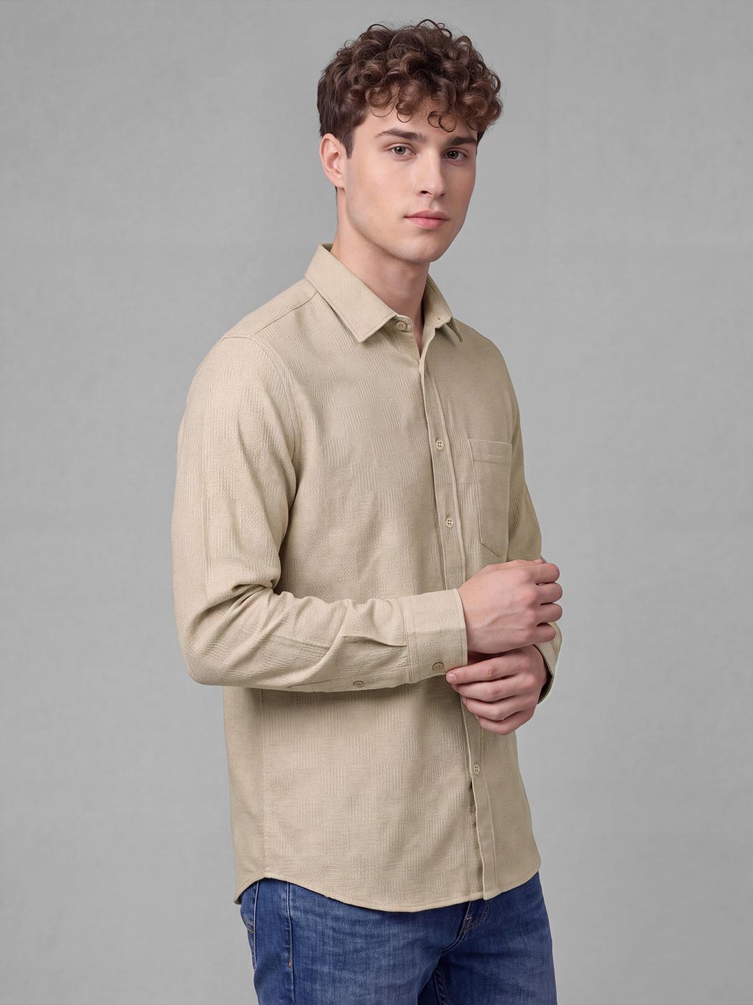 Beige Regular Fit Textured Long Sleeve Spread Collar Shirt By Being Human Clothing
