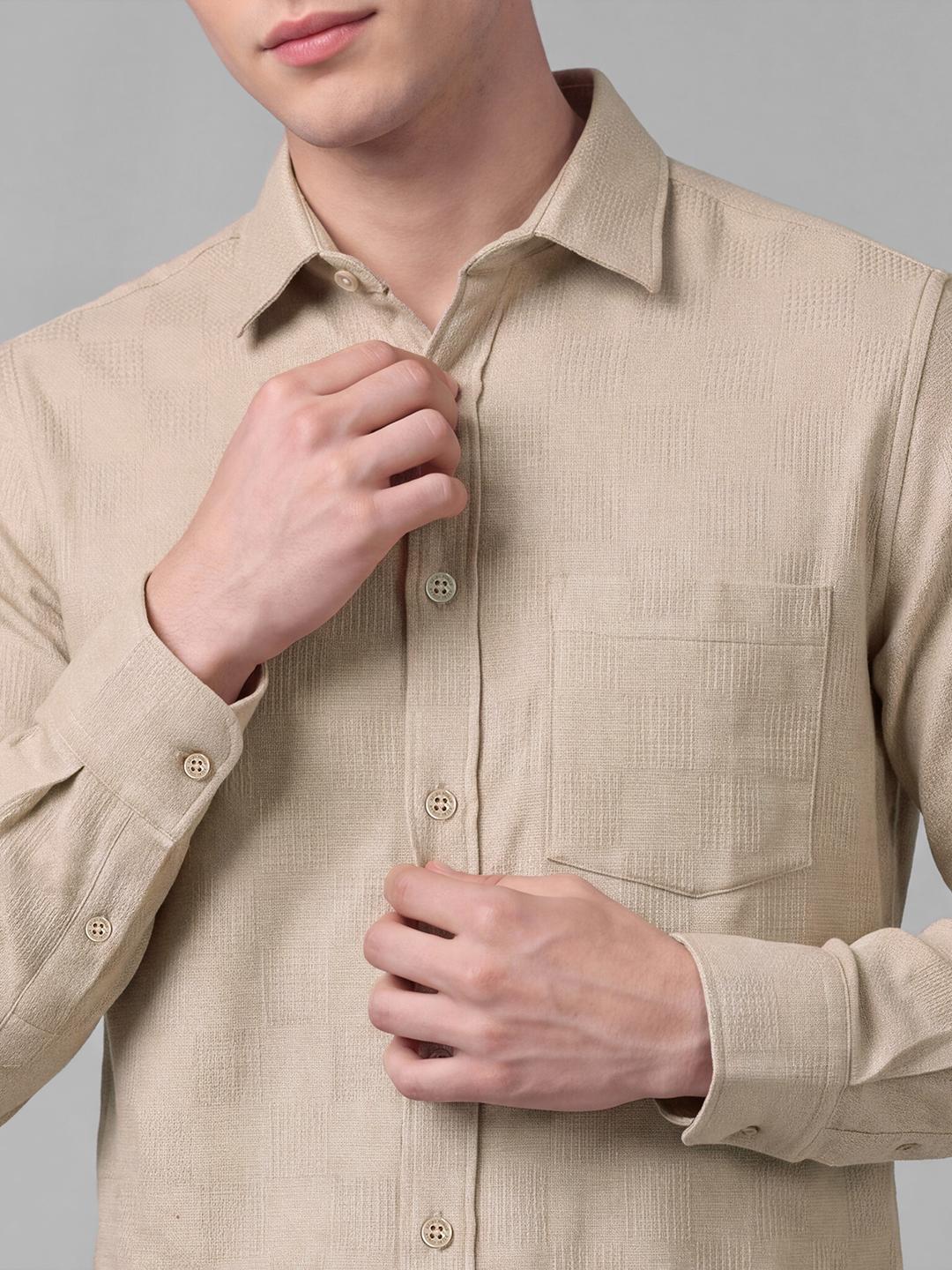 Beige Regular Fit Textured Long Sleeve Spread Collar Shirt By Being Human Clothing