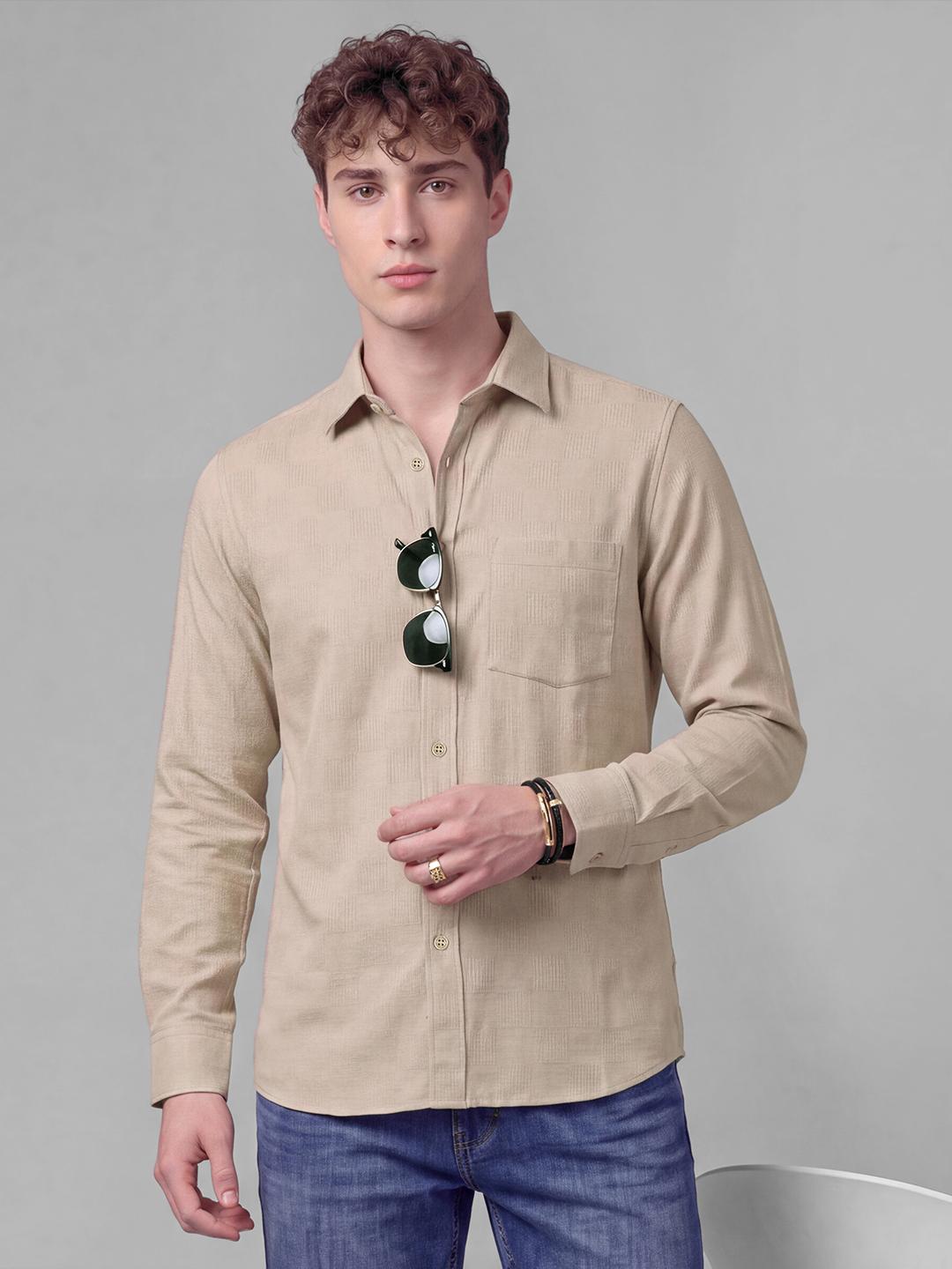 Beige Regular Fit Textured Long Sleeve Spread Collar Shirt By Being Human Clothing