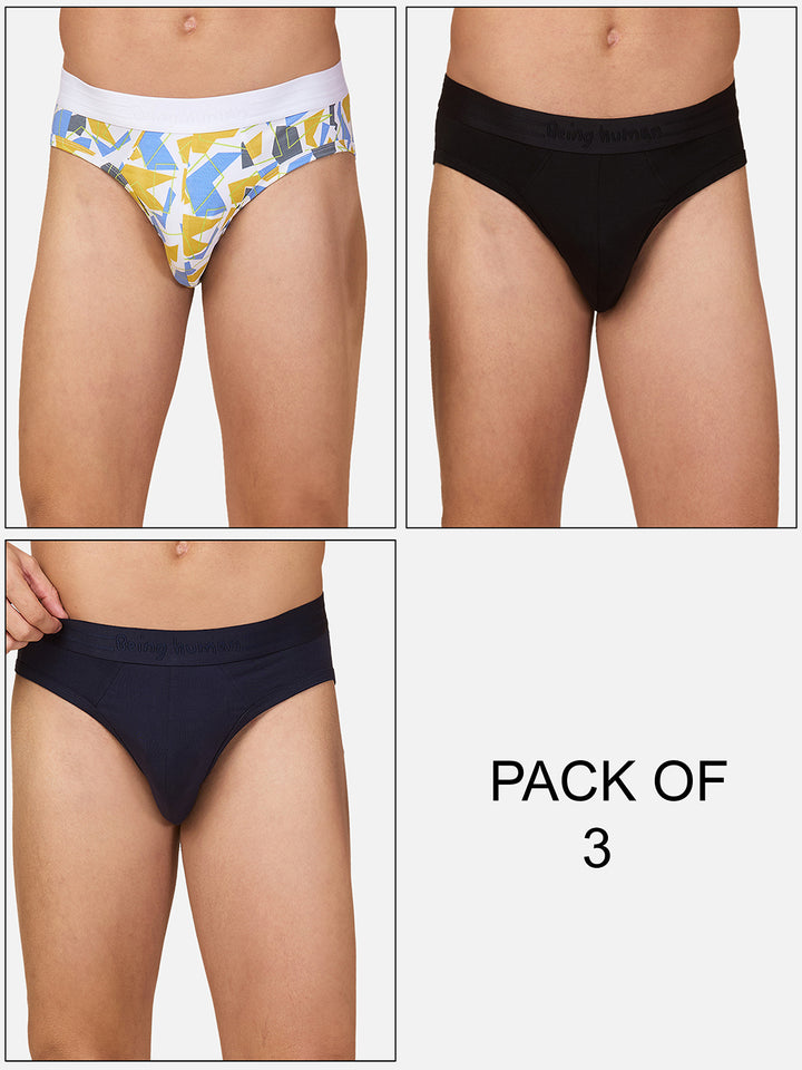 Pack of 3 Men's Briefs  (Black,Navy,White Print)