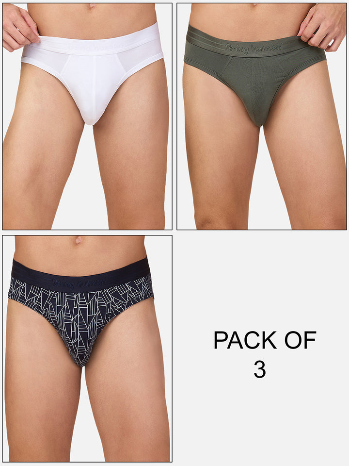 Pack of 3 Men's Briefs   (White,Olive,Navy Print)